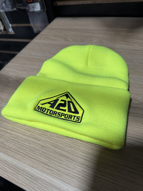 A2D Motorsports cuffed knit beanie in neon yellow with black embroidered mountain logo