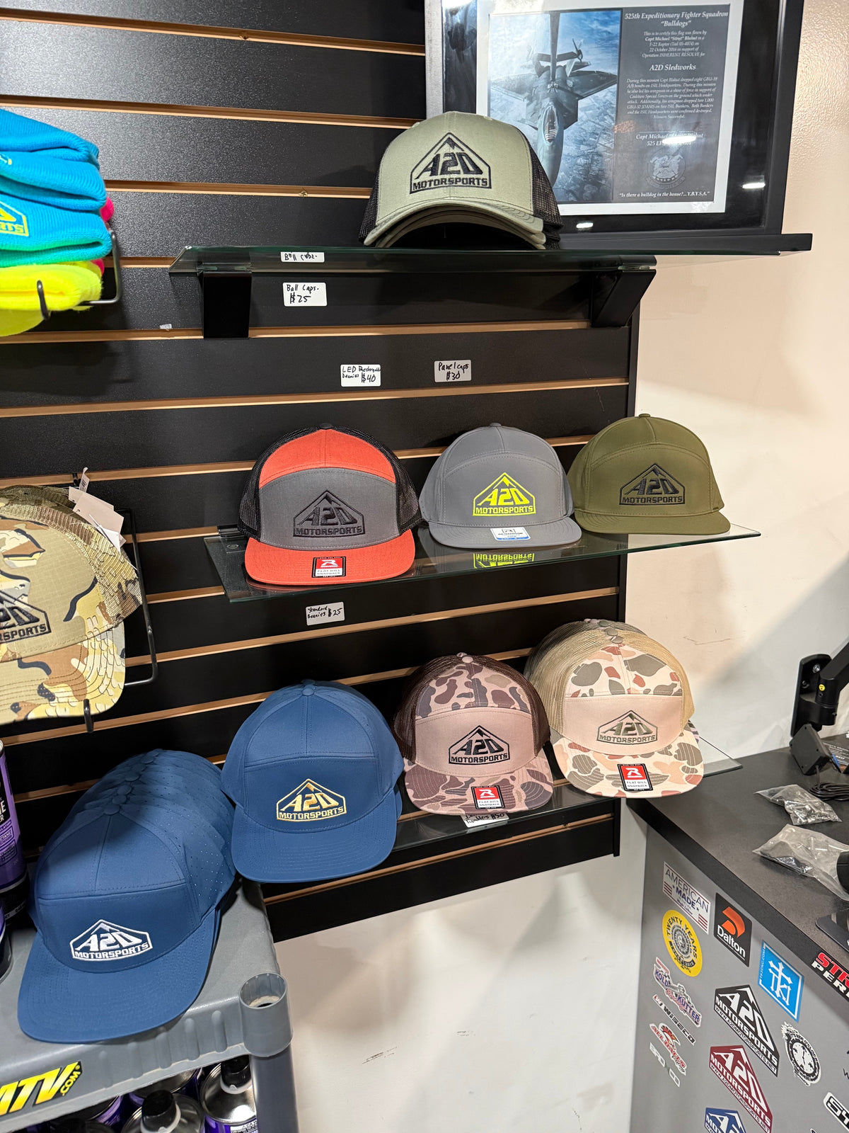 A2D Motorsports Richardson Performance snapback hats in multiple colorways on display at the shop