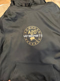 A2D Motorsports hoodie in black with gold Stars and State Alaska logo and front pouch pocket