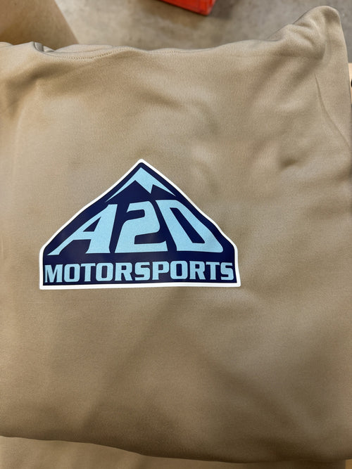 A2D Motorsports sand hoodie with the navy and electric blue mountain logo