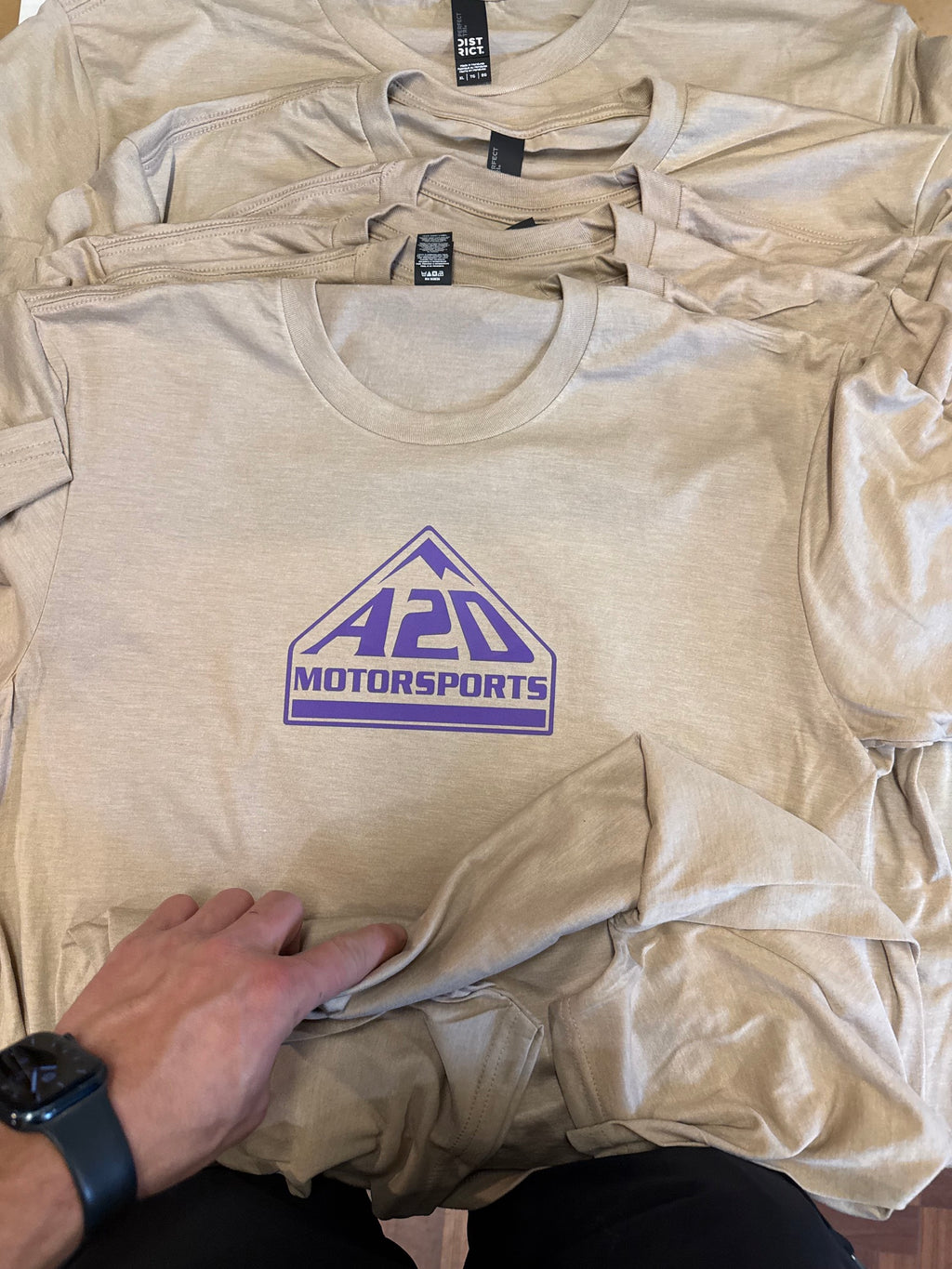 A2D Motorsports t-shirt in sand with purple mountain logo