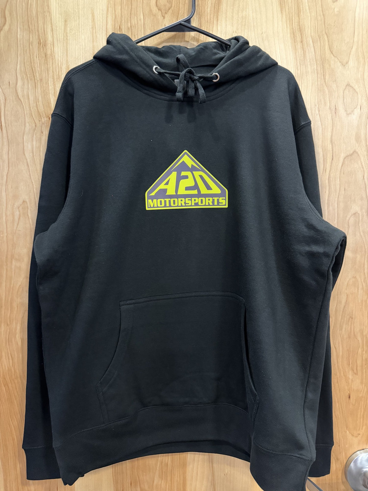A2D Motorsports black hoodie with lime squeeze mountain logo, front