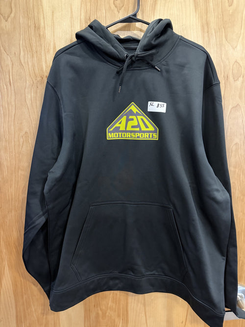 A2D Motorsports black hoodie with lime squeeze mountain logo, hanging