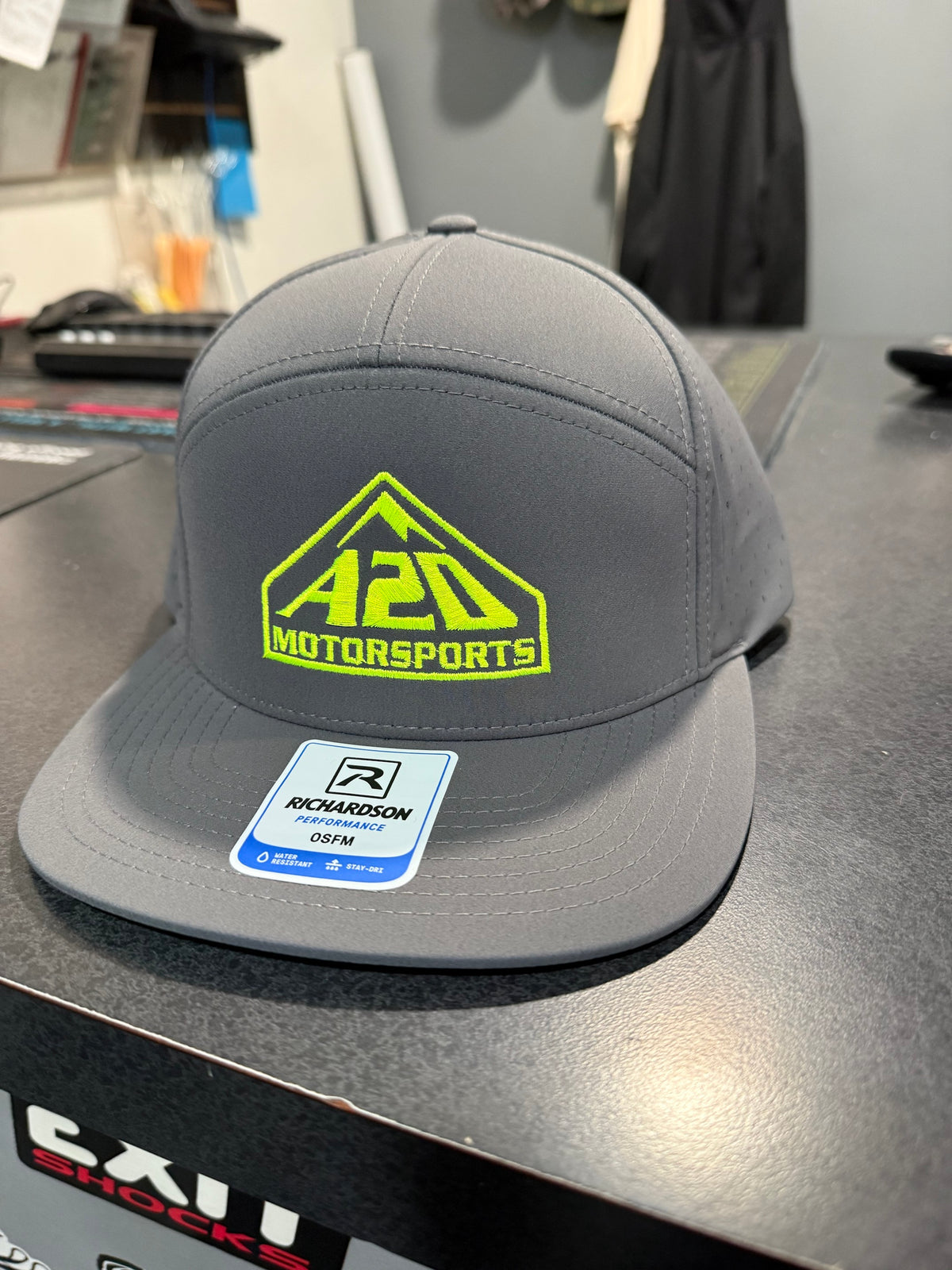 A2D Motorsports Richardson Performance hat, grey with neon green mountain logo