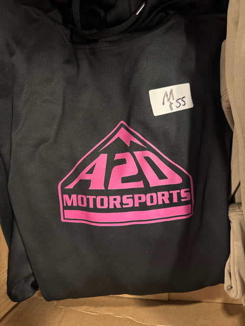 A2D Motorsports black hoodie with pink mountain logo