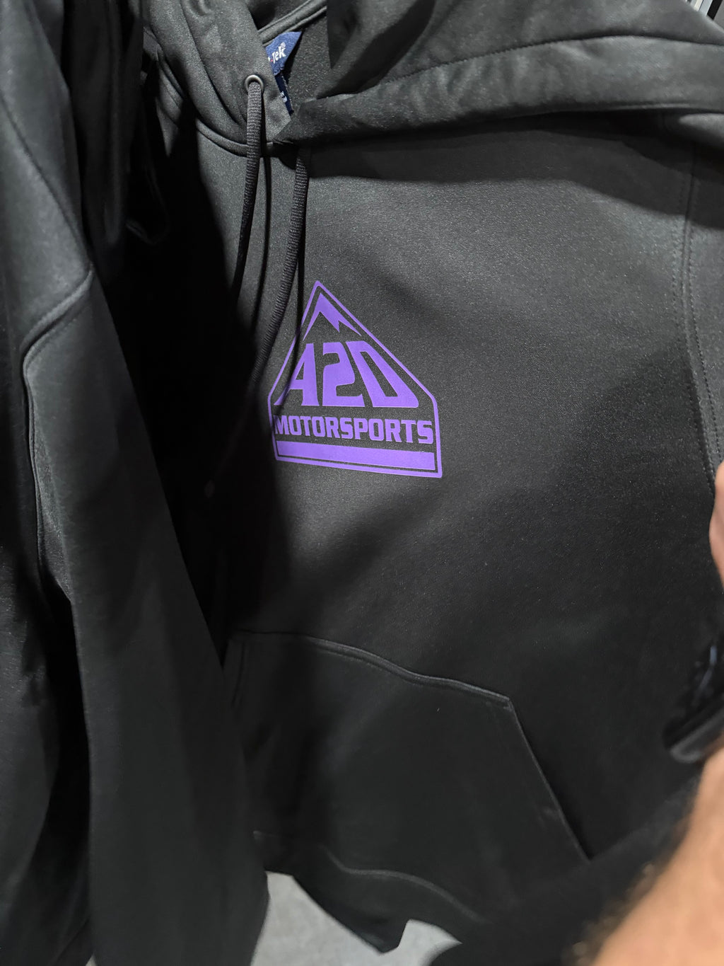 A2D Motorsports black hoodie with purple mountain logo