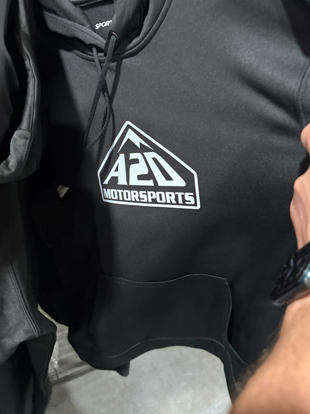 A2D Motorsports black hoodie with white mountain logo, Sport-Tek
