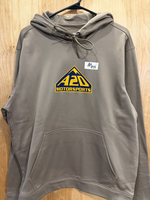 A2D Motorsports sand hoodie with blue and gold mountain logo, hanging