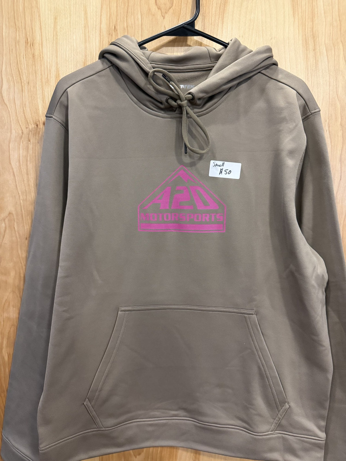 A2D Motorsports sand hoodie with pink outline mountain logo