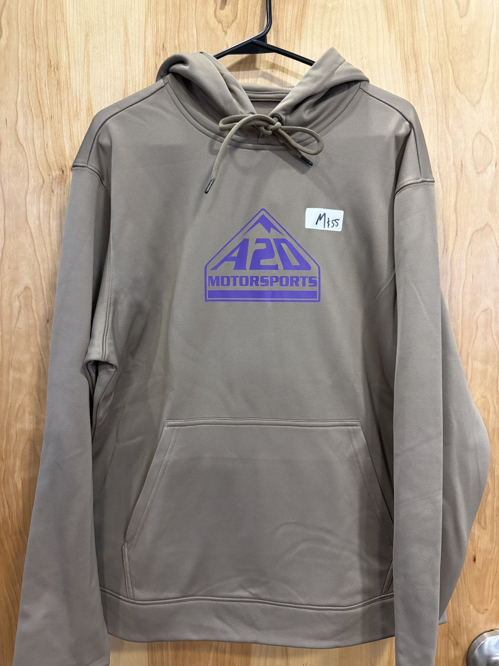 A2D Motorsports sand hoodie with purple outline mountain logo