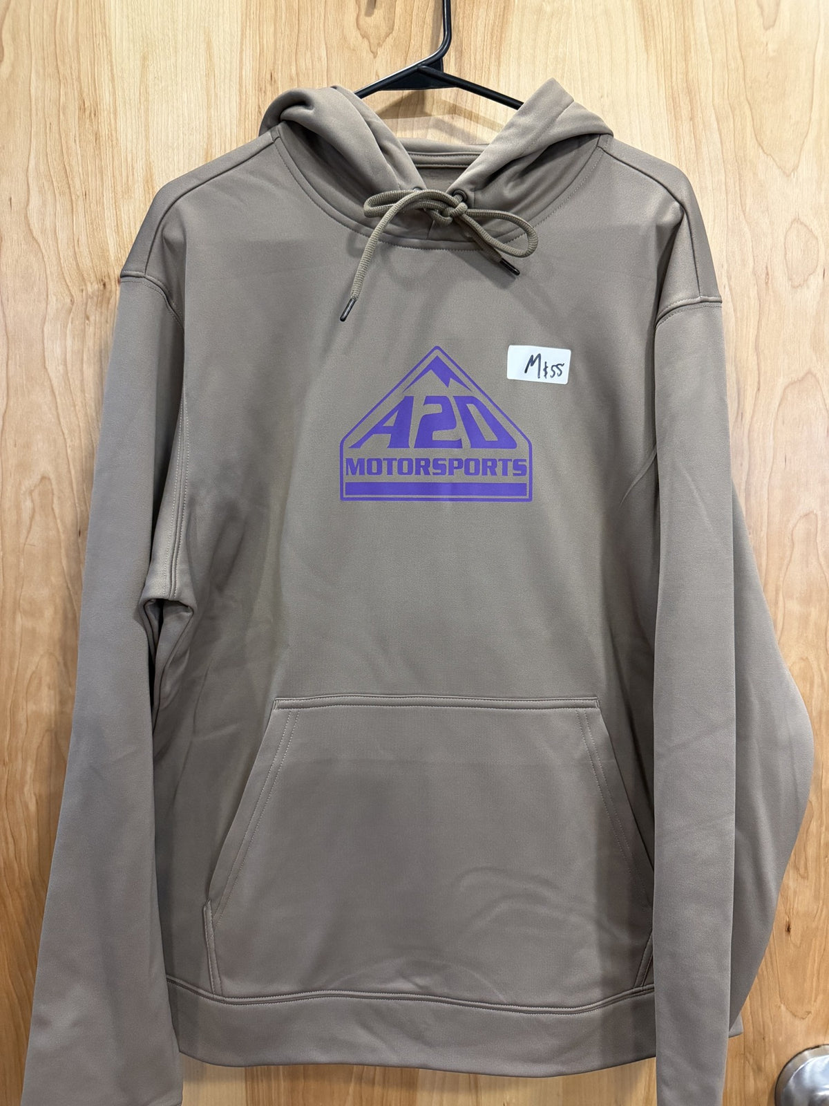 A2D Motorsports sand hoodie with purple outline mountain logo