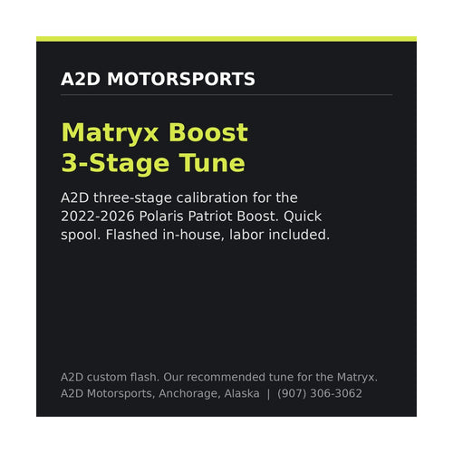 A2D Matryx Boost 3-stage ECU tune for Polaris Patriot Boost, flashed in-house at A2D Motorsports